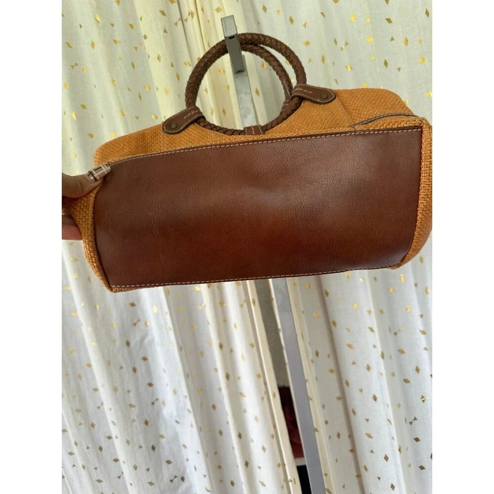 Fossil Genuine Classic 1954 Rust Straw Woven Leather Round Handles Tote Satchel